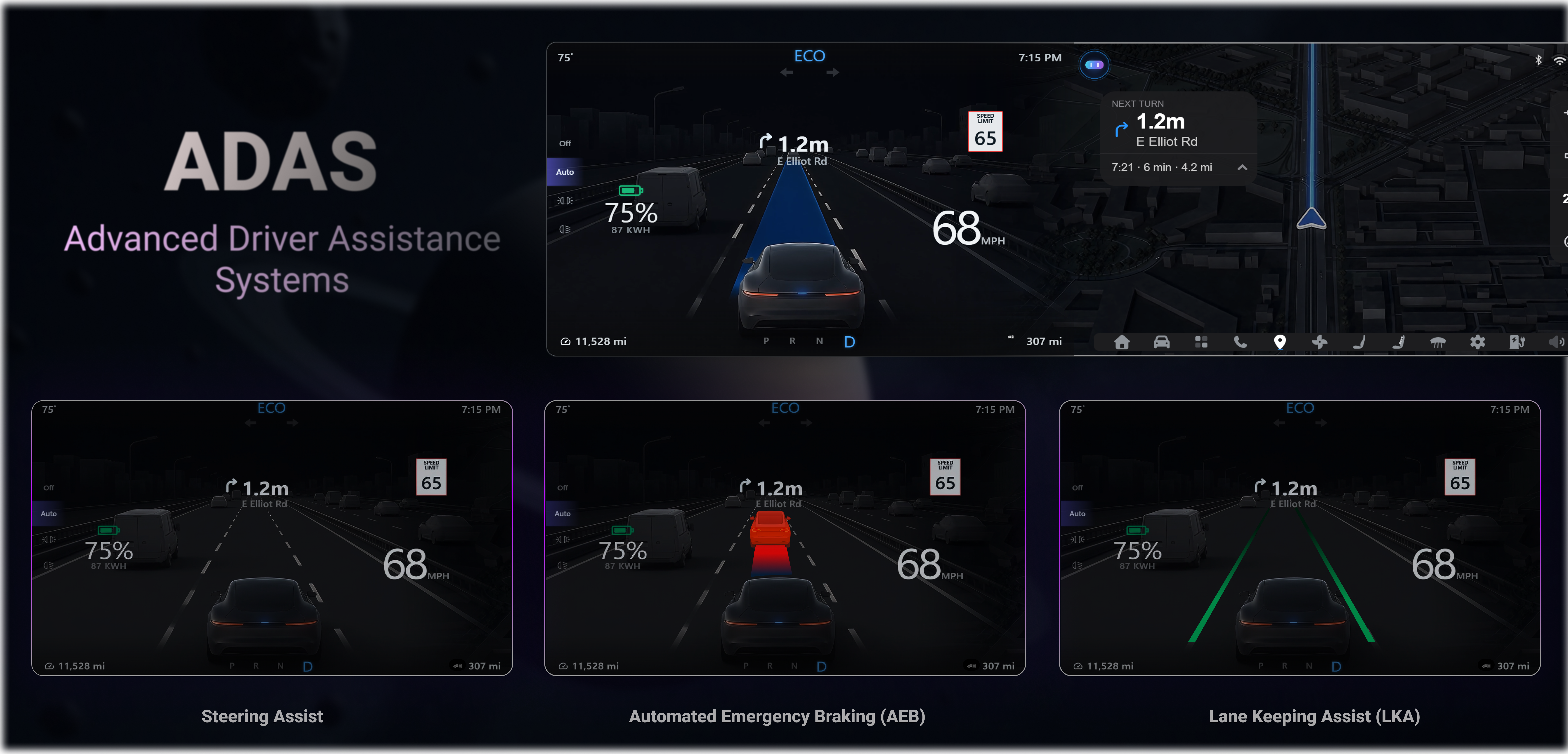 ADAS interface showing Steering Assist, Automated Emergency Braking, and Lane Keeping Assist