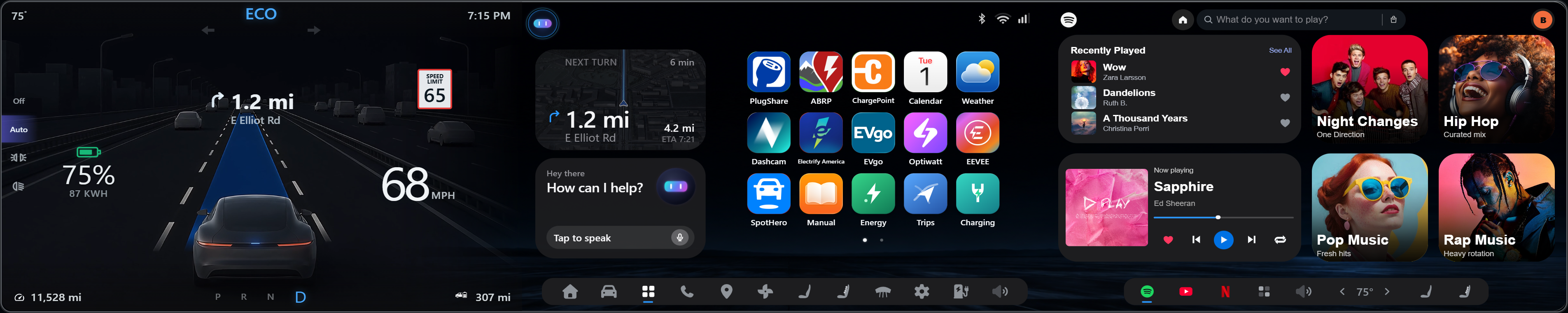 Automotive apps launcher with navigation, charging, weather, and vehicle utilities