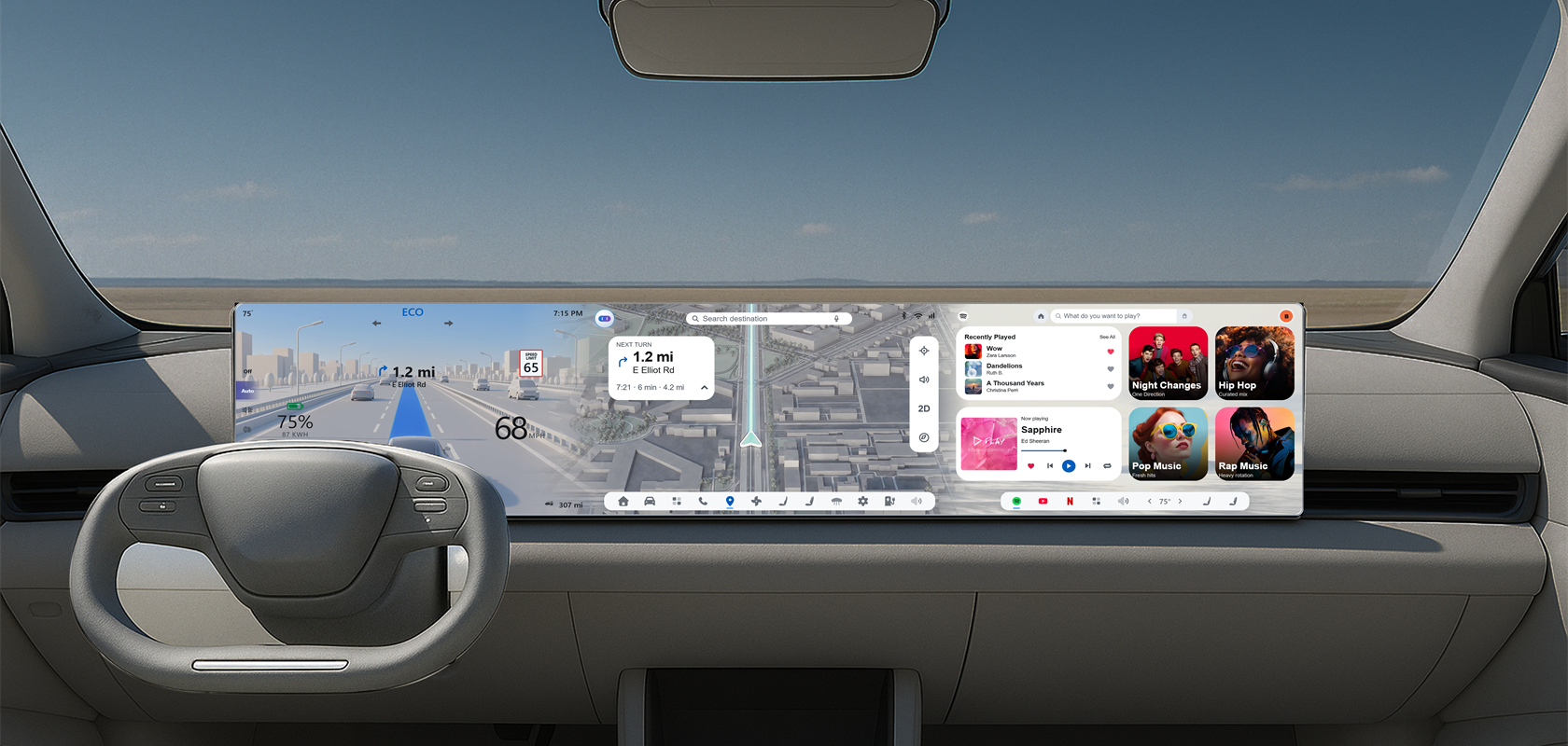 Day-mode automotive HMI displayed in a bright vehicle interior