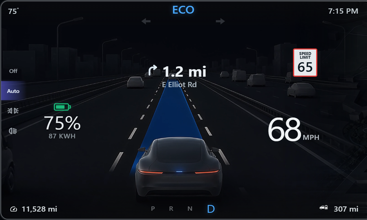 Driver display with speed, navigation guidance, battery status, and driving range