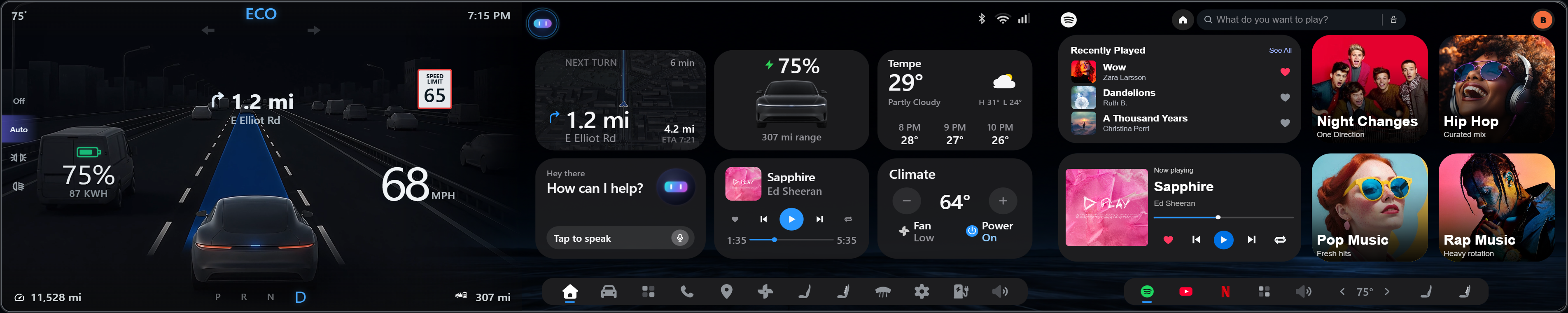 Home dashboard widgets with navigation, media, and vehicle controls