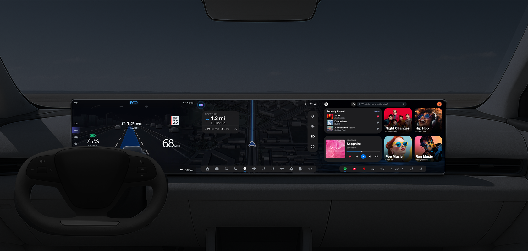 Night-mode HMI displayed in a dark vehicle interior