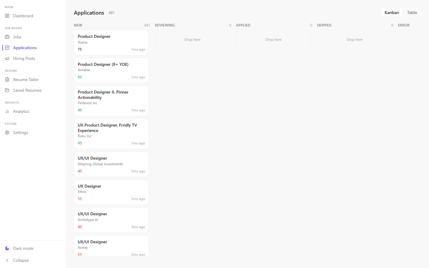 AutoApply applications screen