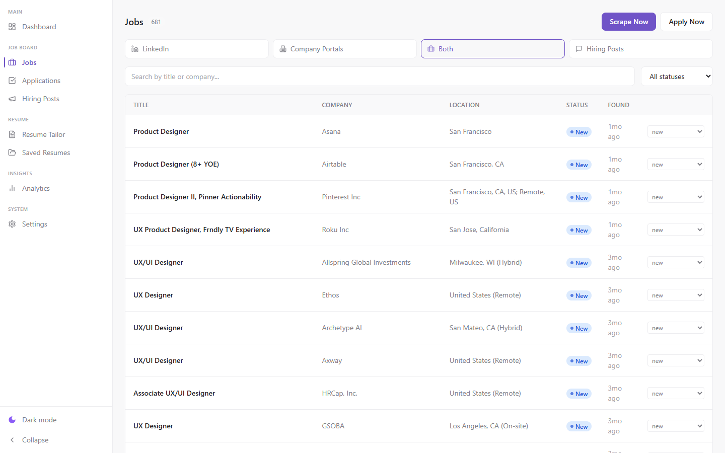 AutoApply jobs screen
