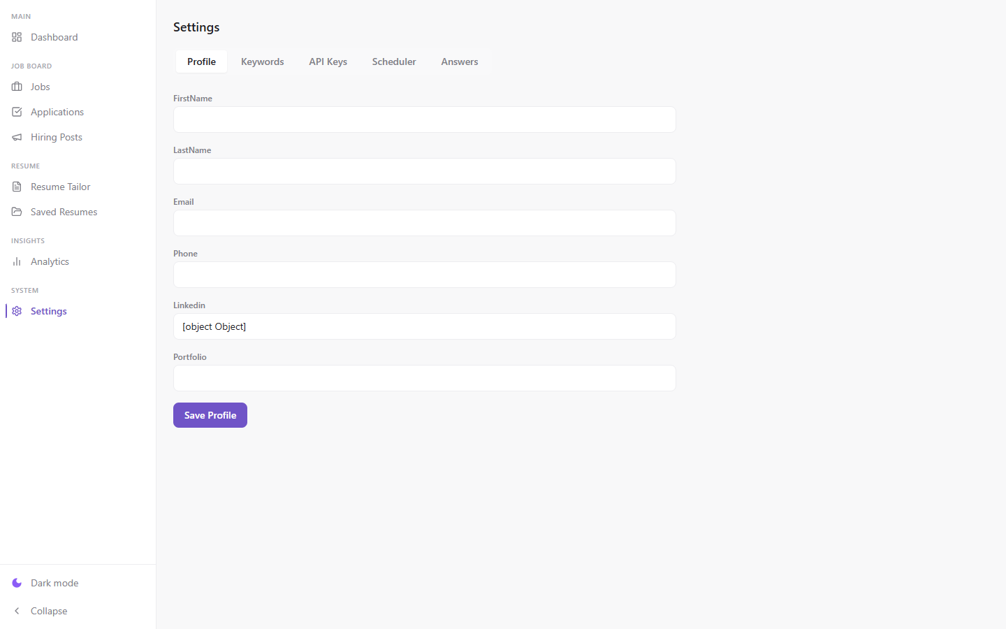 Settings interface