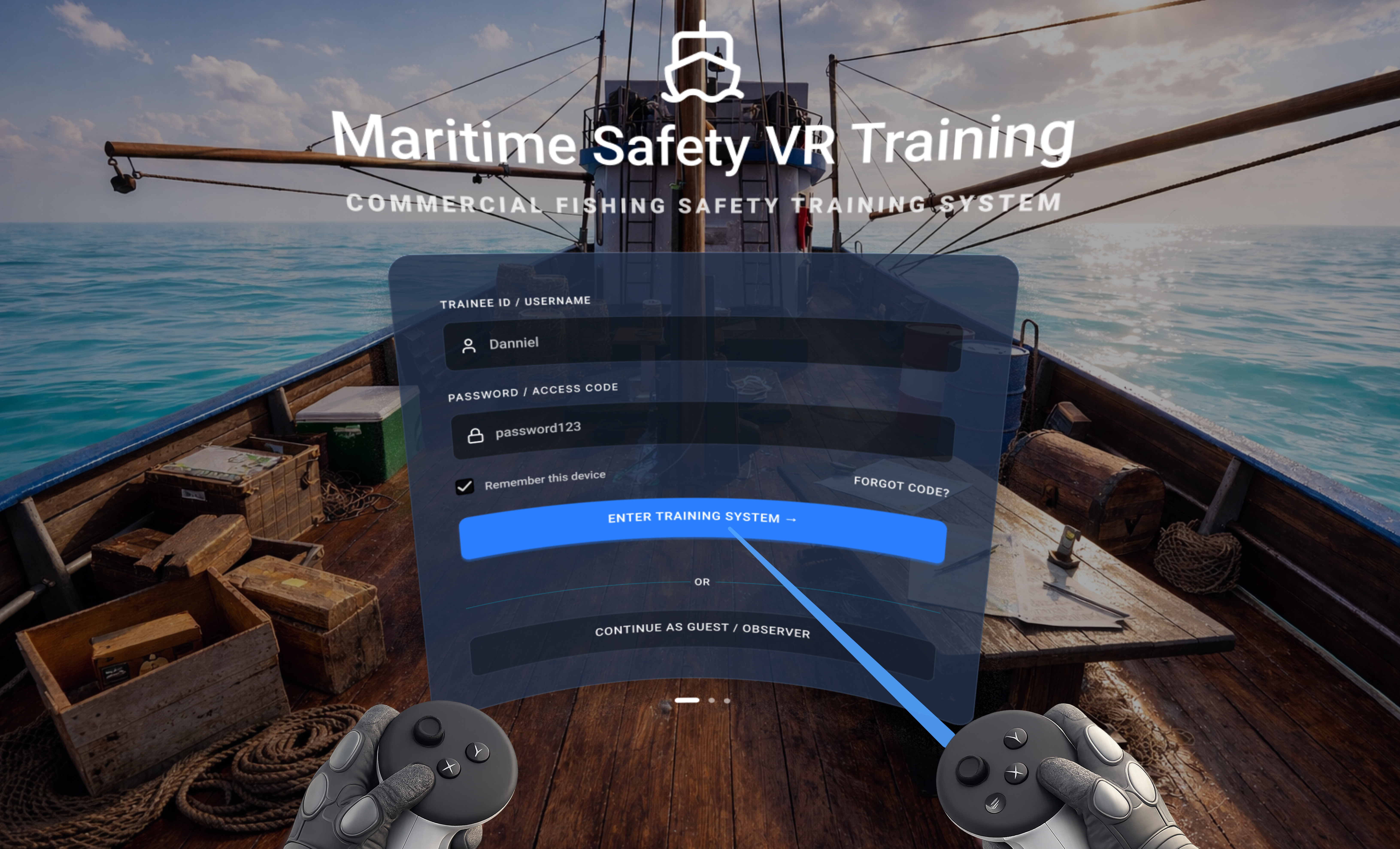 Maritime Safety VR login interface aboard the fishing vessel